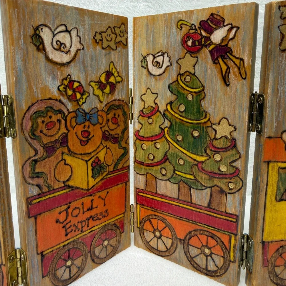 VTG Handmade Hand Painted Wood Christmas Jolly Express Train Folding Decoration